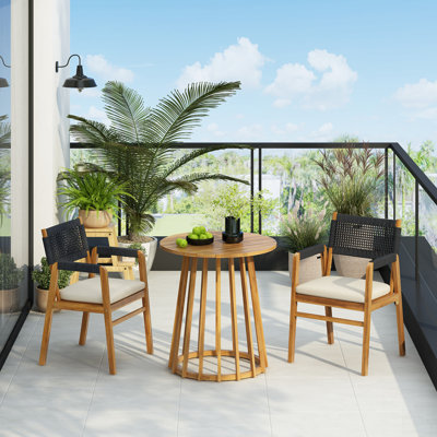 Ensemble de salle à manger d'extérieur en bois d'acacia 3 pièces avec coussins, parfait pour les petits patios et balcons