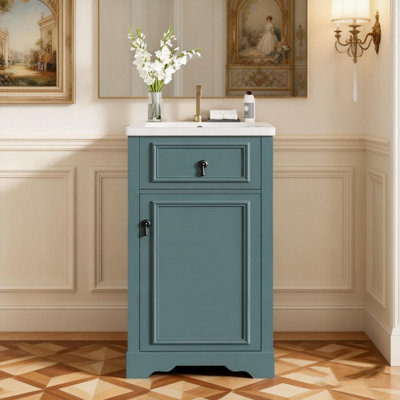 Meuble-lavabo de 20 pouces avec lavabo en céramique, porte à fermeture douce, tablette réglable et support de rangement fixé à la porte - idéal pour les petites salles de bain