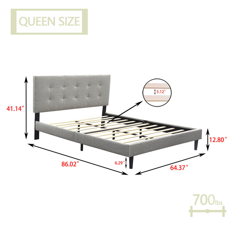 Upholstered Platform Bed, Queen, Light Gray