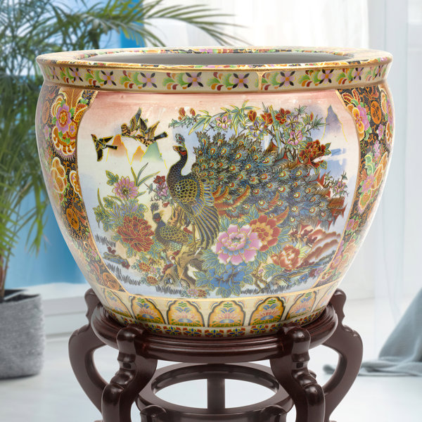 Pink Asian Chinoiserie Ceramic Goldfish Bowl Planter Jardiniere