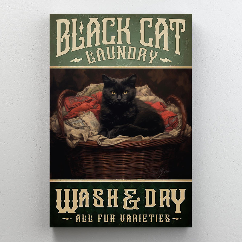 «Black Cat Laundry 1», impression rectangulaire 1 pièce sur toile «Black Cat Laundry 1», H 36 po x l 24 po x P 1,25 po