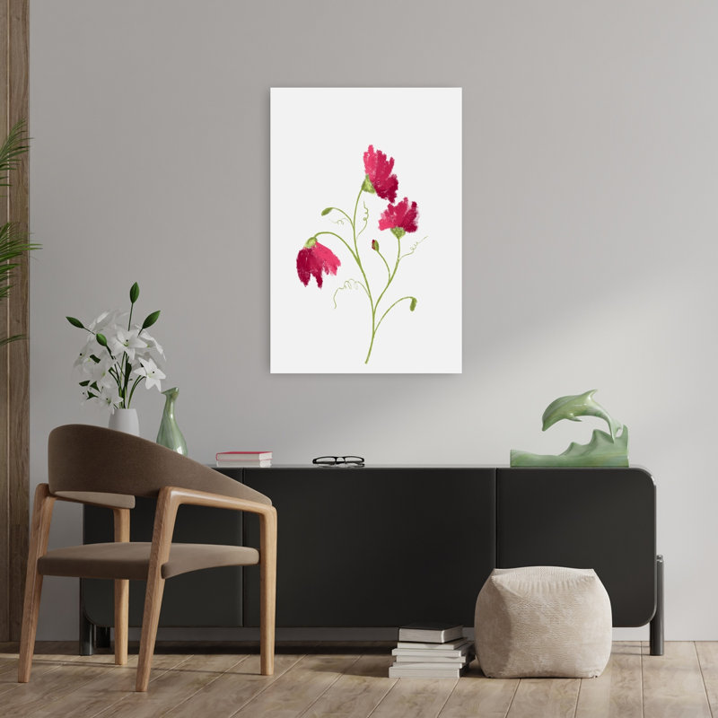 Art mural délicat avec fleurs rouges délicates et minimalistes, H 36 po x l 24 po