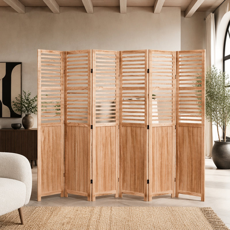Cloison pliante en bois massif l 82,8 "x H 65" à 6 panneaux, finition de ton naturel pour un décor polyvalent et élégant