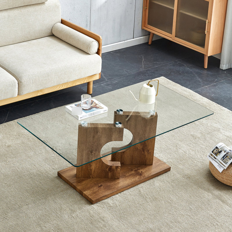 Table basse moderne avec surface en verre trempé et pieds de couleur bois, conception rectangulaire pour divers espaces, y compris le salon, le bureau, la boutique, la chambre d'amis, le processus d'assemblage sans effort