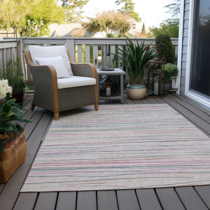 Pink and Gray Striped Synthetic Washable Rug 3' x 5'