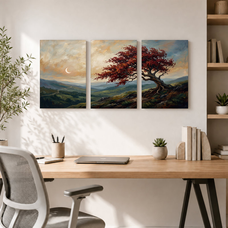 «Red Leaf Tree on Rolling Hills with Crescent Moon», ensemble de 3 toiles, H 30 po x l 20 po x 3 pièces