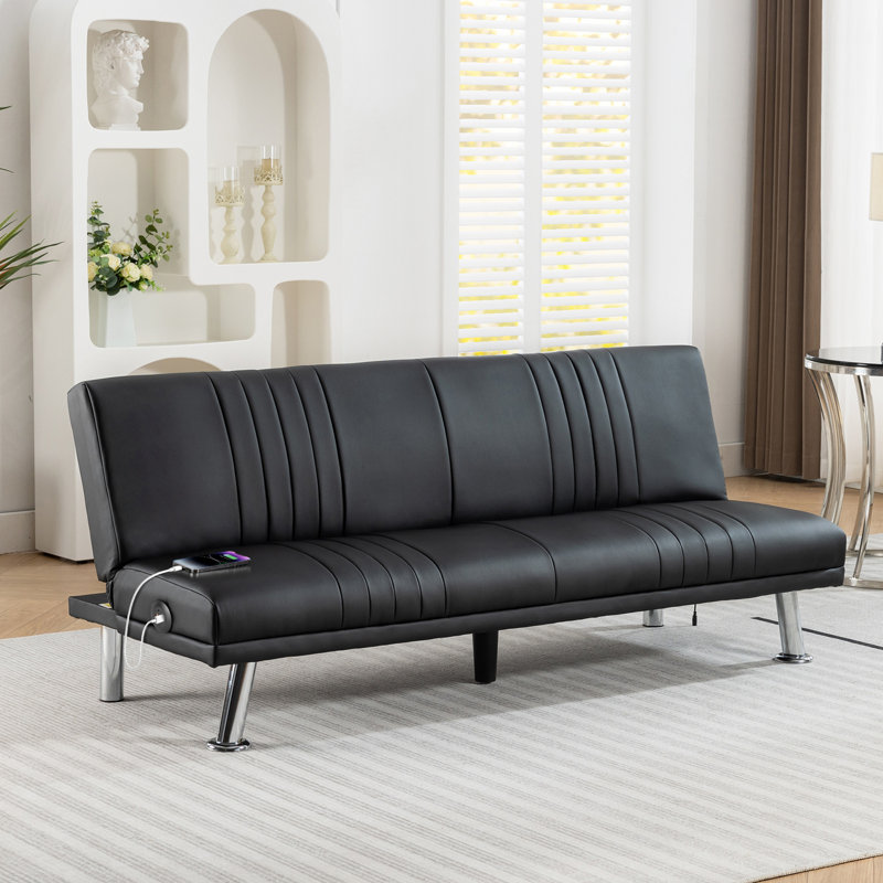 Futon canapé-lit pliant en cuir Kanasha avec station de charge USB, Noir