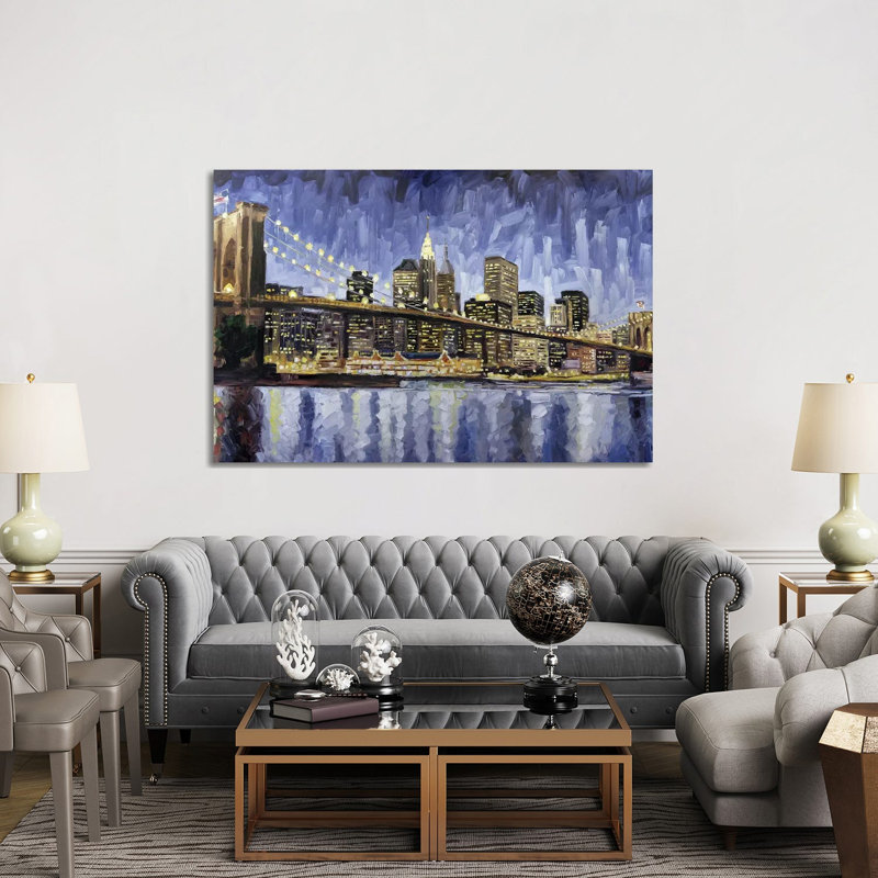 Pont de Brooklyn par Roger Disney - reproduction d'art, H 26 po x l 40 po x 1,5 po, Toile tendue, Aucun mat