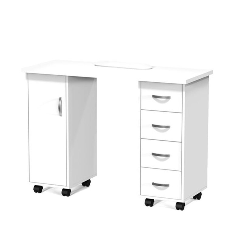 Table manucure blanche avec repose-poignets, armoire et tiroirs
