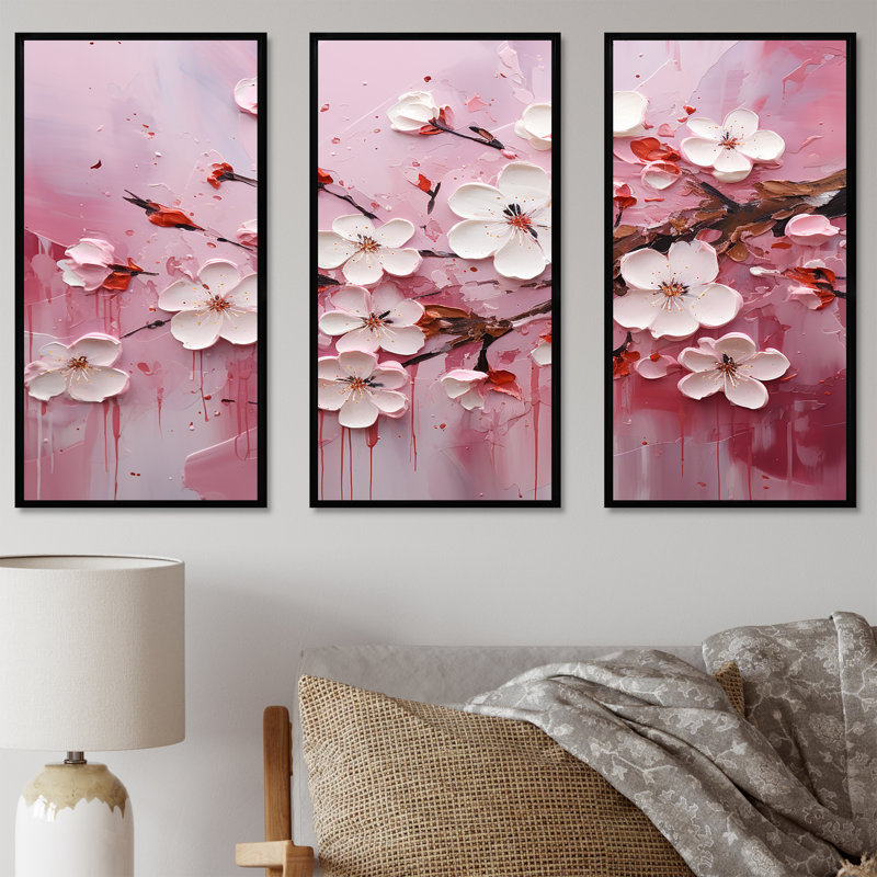 Cerisier blanc et rose Bloom II - art mural cerise, H 28 po x l 36 po x P 1 po, Cadre flottant noir