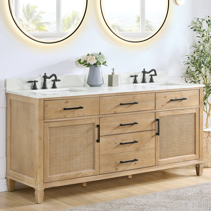 Calacatta White Quartz Double Vanity Top with Sink Holes
