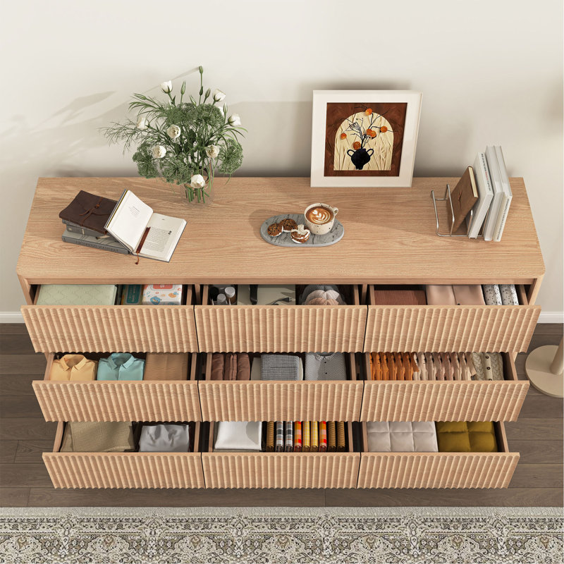 Commode 9 tiroirs pour chambre à coucher avec grands tiroirs, commode en bois, grande commode de plancher, long meuble télé moderne, table d'appoint de rangement Mid-Century