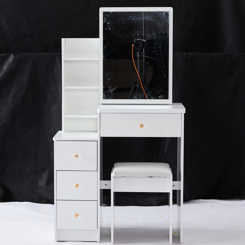 Compact Left Bedside Dresser Vanity Table, Comes With Cushioned Stool & Large Sliding Mirror, Multi-Layer Storage, Chic For Small Spaces, White Space- Cabinet Padded Big Fashionable Rooms