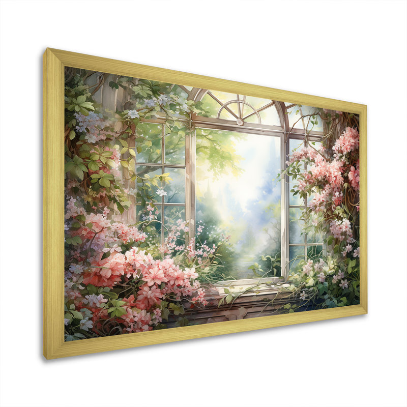 «Pink Blossoming Country Window Gaze II», reproduction d'art sur toile encadrée, Cadre doré à coins fermés