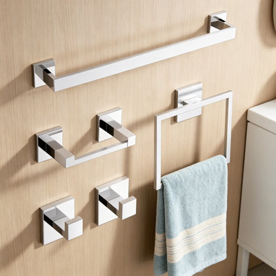 5-Piece Bathroom Hardware Set, Stainless Steel Towel Bar Set with 23.6-Inch Towel Rack, Wall Mounted Toilet Paper Holder, Towel Ring and Coat Hooks for Bathroom Kitchen Laundry