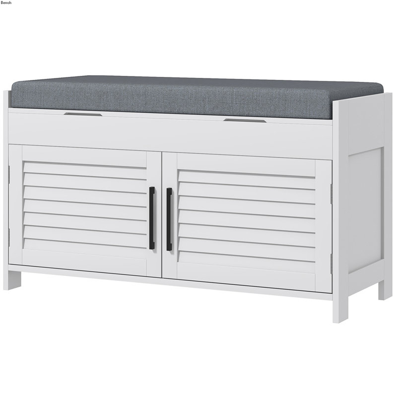 White Entryway Shoe Storage Bench with Gray Cushion and Shutter Doors