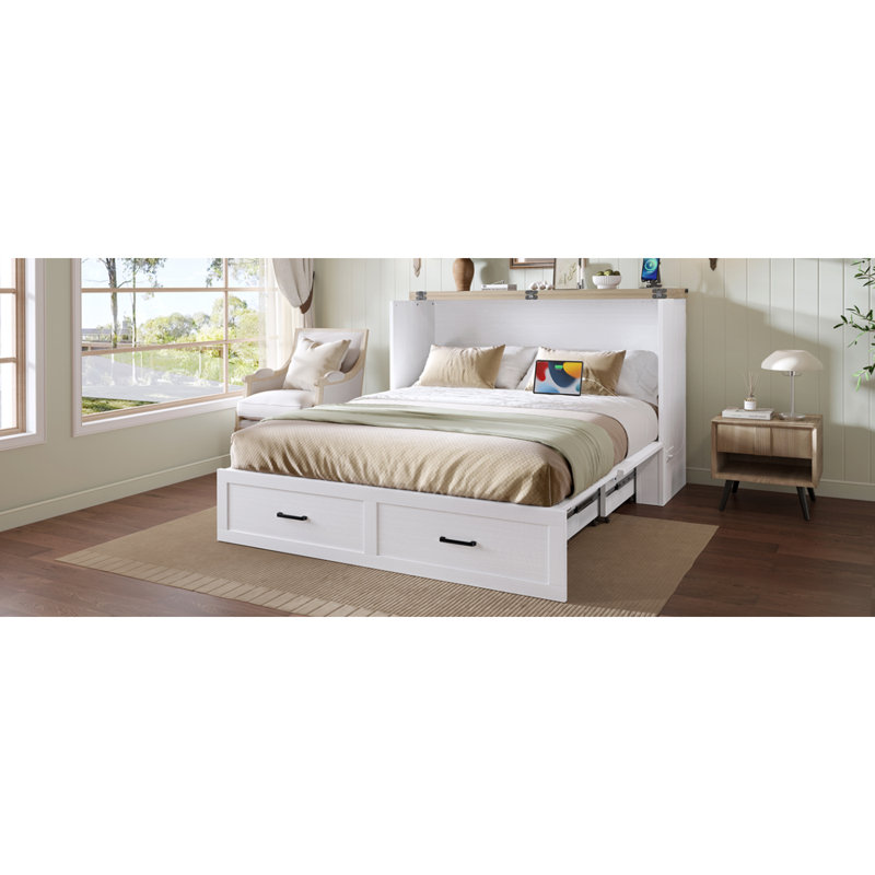 Grand lit escamotable Murphy avec station de charge, lit plateforme pliable multifonctionnel avec 1 grand tiroir de rangement pour chambre d'amis, petite chambre, blanc