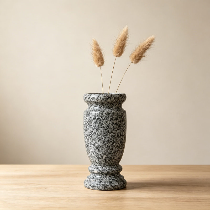 Granite Cemetery Vase For Grave Markers, Heavy Headstone Memorial Flower Holder, Natural Stone Outdoor Decoration