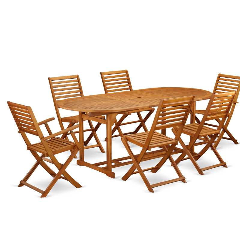 Les ensembles de salle à manger d'extérieur 7 pièces pour patio comprennent une table ovale en bois d'acacia et 2 chaises à accoudoirs pliables avec 4 chaises d'appoint, 36 po x 78 po, huile naturelle