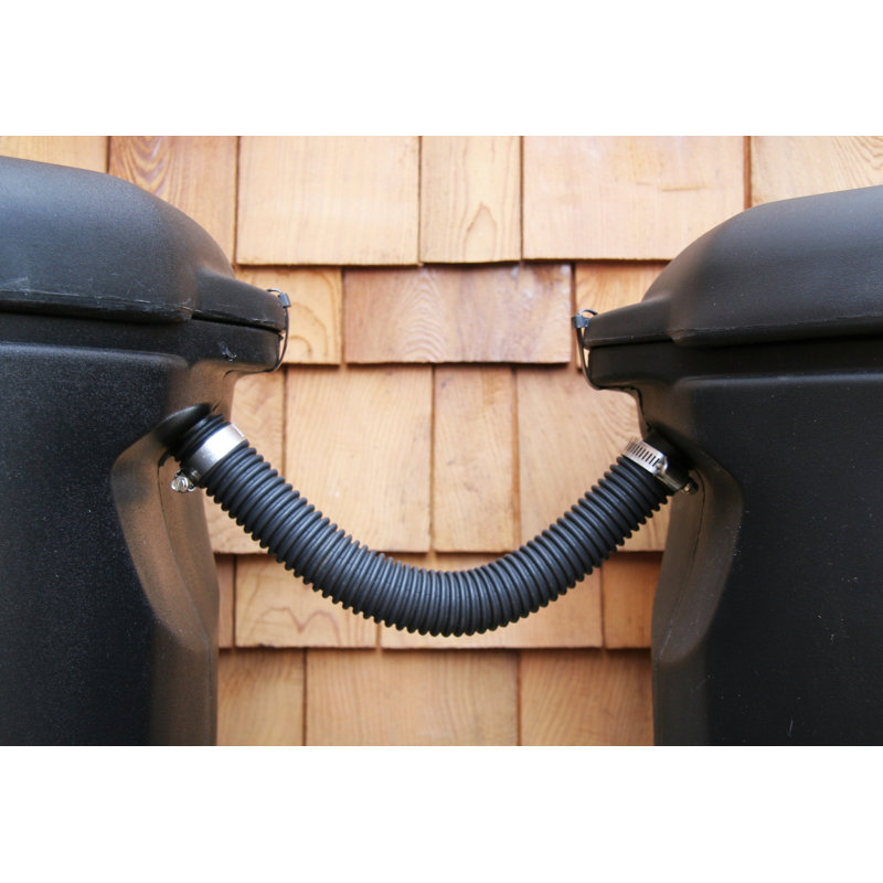 Rain Water Solutions Weather Resistant Plastic Drainable Dual Overflow Rain Barrel and Hose