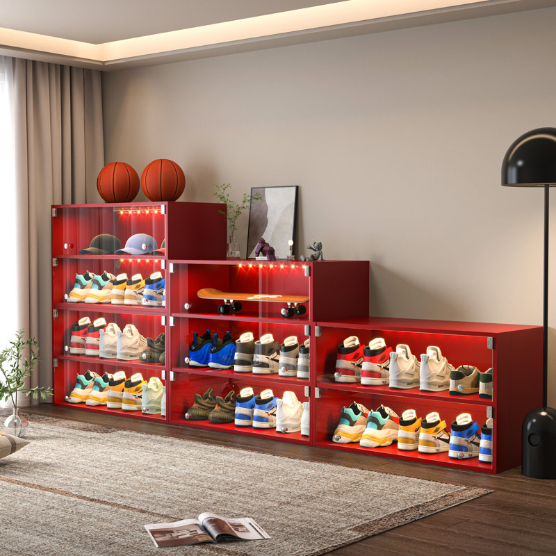Armoire à chaussures rouge avec DEL et verre - Peut accueillir 9 paires de style antique, des portes en bois pour ranger des paires de chaussures de sport