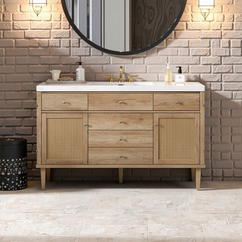 Meuble-lavabo moderne de 60 po avec lavabo pleine largeur, armoires en rotin et rangement à fermeture en douceur, Brun