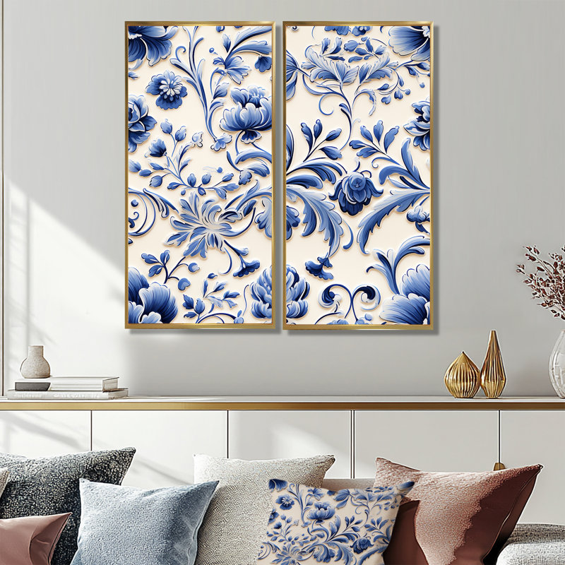 Cobalt Blue Renaissance Flourish Victorian Motif - Art mural bleu 2 pièces, 40" H x 40" W, Impression encadrée flottante