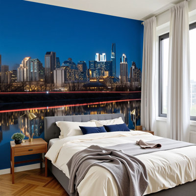 Peel and Stick Wallpaper Dallas City Skyline Sunset Reflections Water Wall Murals 100"H x 144"W Removable PVC Wall Paper Self-Adhesive Wall Decor for Bedroom Living Room Home Office