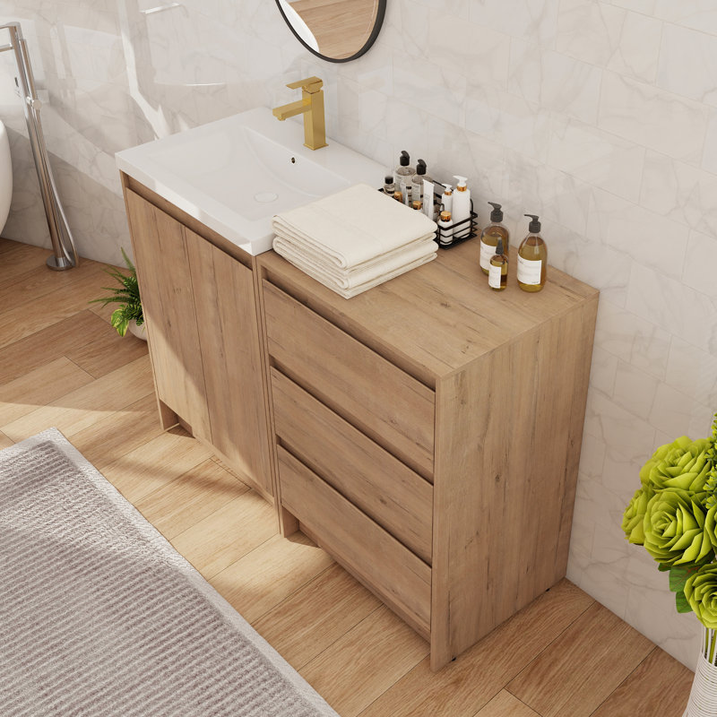 Meuble-lavabo autoportant simple 48 po avec lavabo en résine, meuble-lavabo autoportant avec 2 portes, 3 tiroirs, 1 tablette réglable