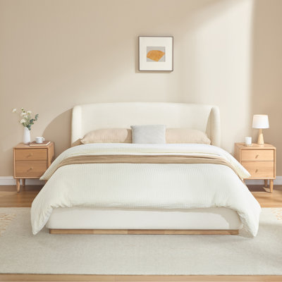 Burritt Modern Boucle Upholstered Wingback Headboard Platform Bed with Solid Wood Frame