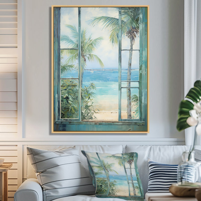 «Tropical beach Windows horizon I» - Impression sur toile côtières, Cadre flottant brun, H 32 po x l 16 po x P 1 po