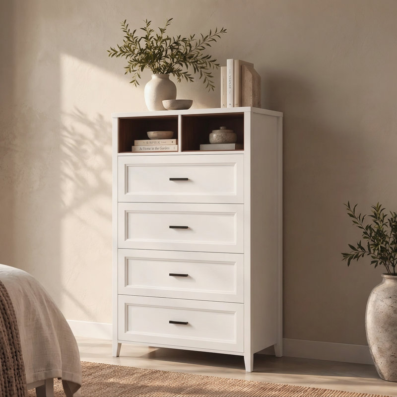 Commode 4 grands tiroirs avec 2 casiers ouverts couleur noyer, White