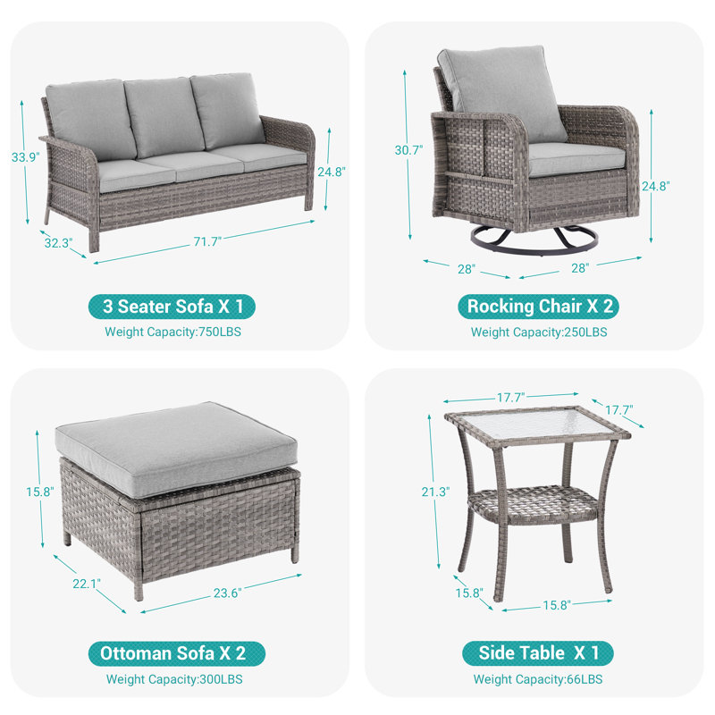 Ensemble de patio 6 pièces avec canapé 3 places et chaises berçantes pivotantes, patio en rotin de polyéthylène avec coussins épais et structure robuste