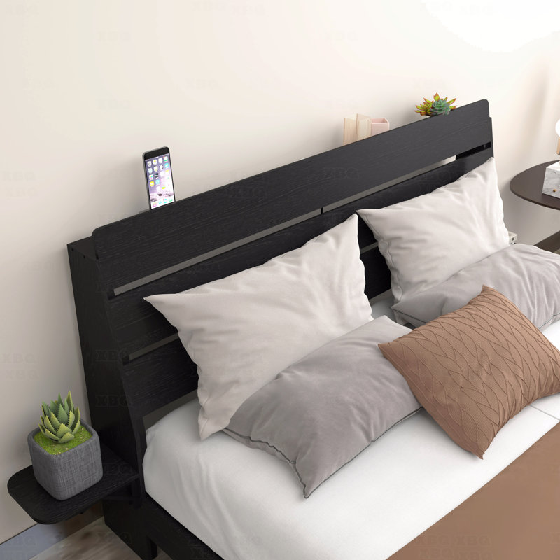 Cadre de lit grand noir flottant avec lumières à DEL RVB et station de charge - tête de lit avec rangement, aucun sommier nécessaire