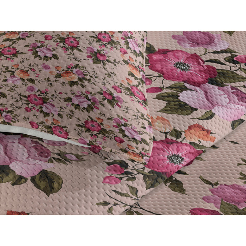 Rose Farmhouse / Country Polyester Floral Coverlet, King Bedspread + 2 Shams