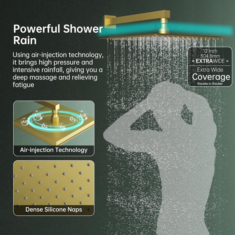 Hoimpro 12 Inch Shower Head System With 2-In-1 Handheld Sprayer, High Pressure Rainfall Shower Head, Brass Faucet Valve Kit, - Includes Shower Arm, Hose And Holder