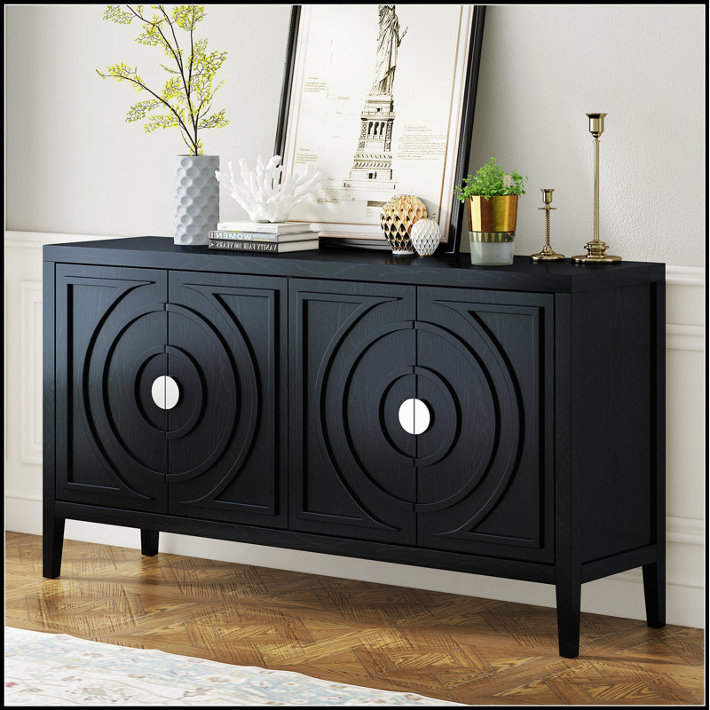 Buffet rétro avec rainure circulaire et poignées rondes en métal pour un rangement et une décoration polyvalents