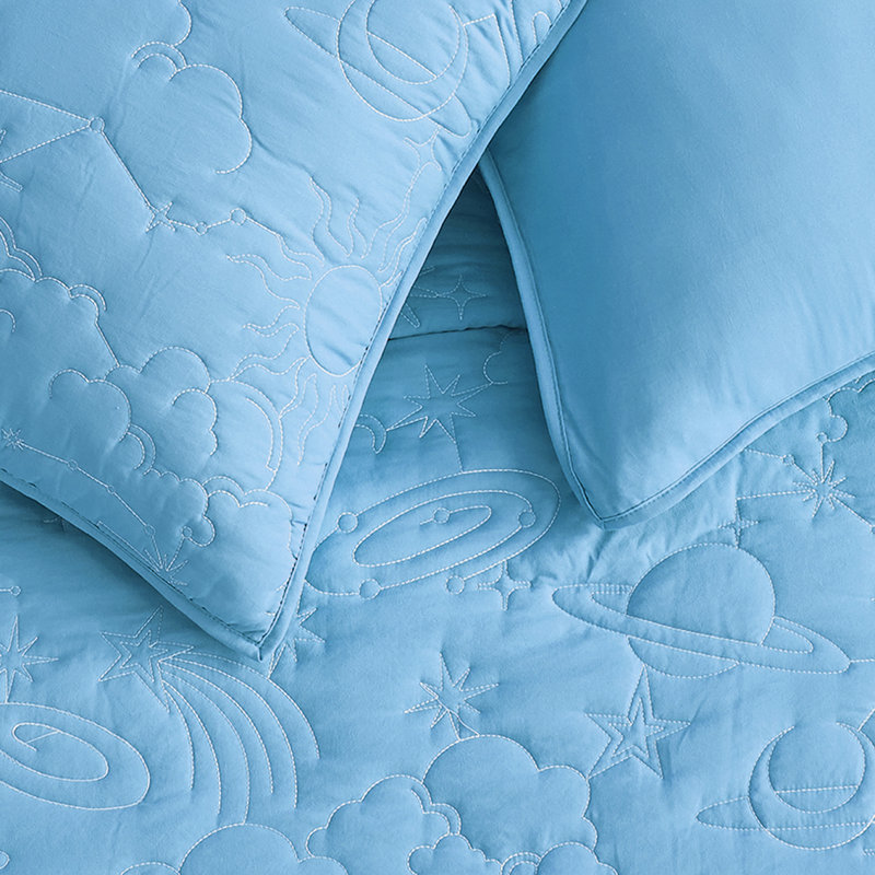Solid Quilt Set With Star With Vibrant Embroidered Patterns, Twin Quit + 1 Standard Sham, Blue