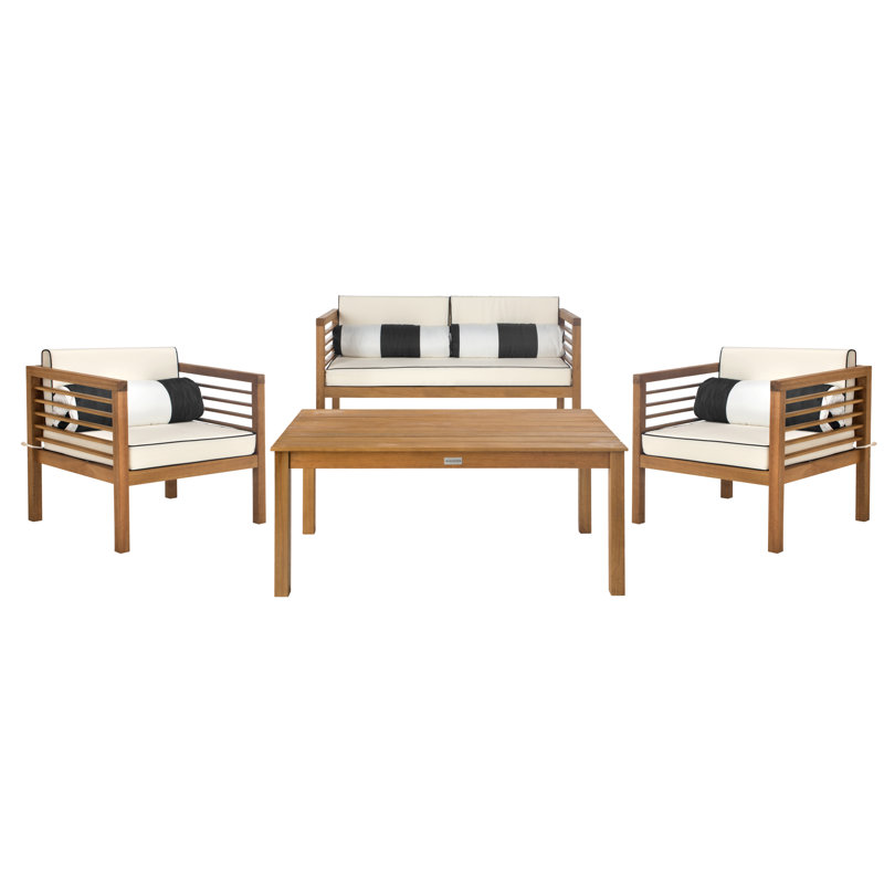 Arlethe Wood 4 - Person Patio Conversation Set with Cushions, Black/White, Natural