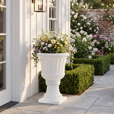 Urne décorative européenne sur piédestal, grande capacité, pour jardin extérieur, terrasse, cour, entrée - Blanc, oxyde de magnésium, blanc, extérieur