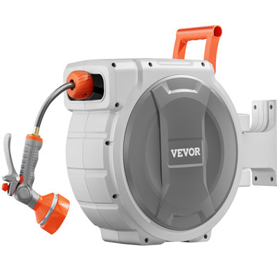 Retractable Garden Hose Reel, 1/2 Inch x 84 ft Wall Mounted Hose Reel, Heavy-Duty Garden Hose Reel with 9 Patterns Nozzle, Upgraded Slow Return System and 180°Swivel Bracket, Any Length Lock