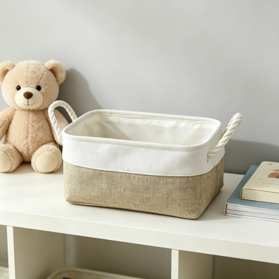 Fabric Storage Baskets for Shelves, Rectangular Collapsible Organizer Baskets for Clothes, Books, and Gifts, Small Set of 6, White and Khaki