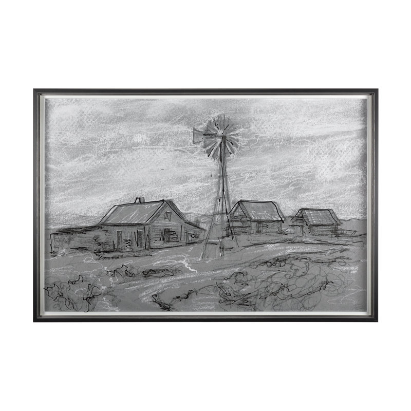 Farm view sketch I a Hand Embelished Textured Framed Art Print Matted under Glass