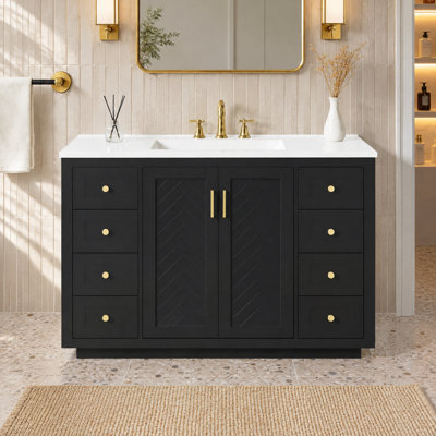 Meuble-lavabo de 122 cm avec lavabo, meuble sur pied comprenant 6 tiroirs et 2 portes à fermeture amortie, poignées dorées, fini laqué lisse, utilisable dans de nombreuses pièces de la salle de bain.