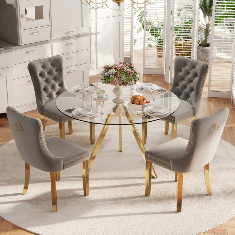 Ensemble de salle à manger à piédestal doré 5 pièces, H 30 po x l 39 po x P 39 po, Gris