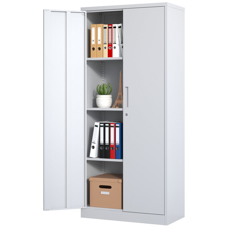 71"H Metal Garage Storage Cabinet, White Tool Steel Locking Cabinet With Doors And 3 Adjustable Shelves, Tall Cabinets, White