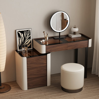 Ensemble de coiffeuse avec 5 tiroirs et plateau en verre