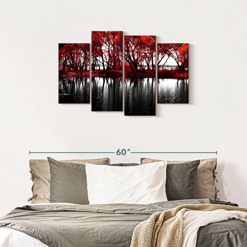 «Pop Lakeside Red Trees», reproduction d'art sur toile, H 27 po x l 43 po x P 1,25 po
