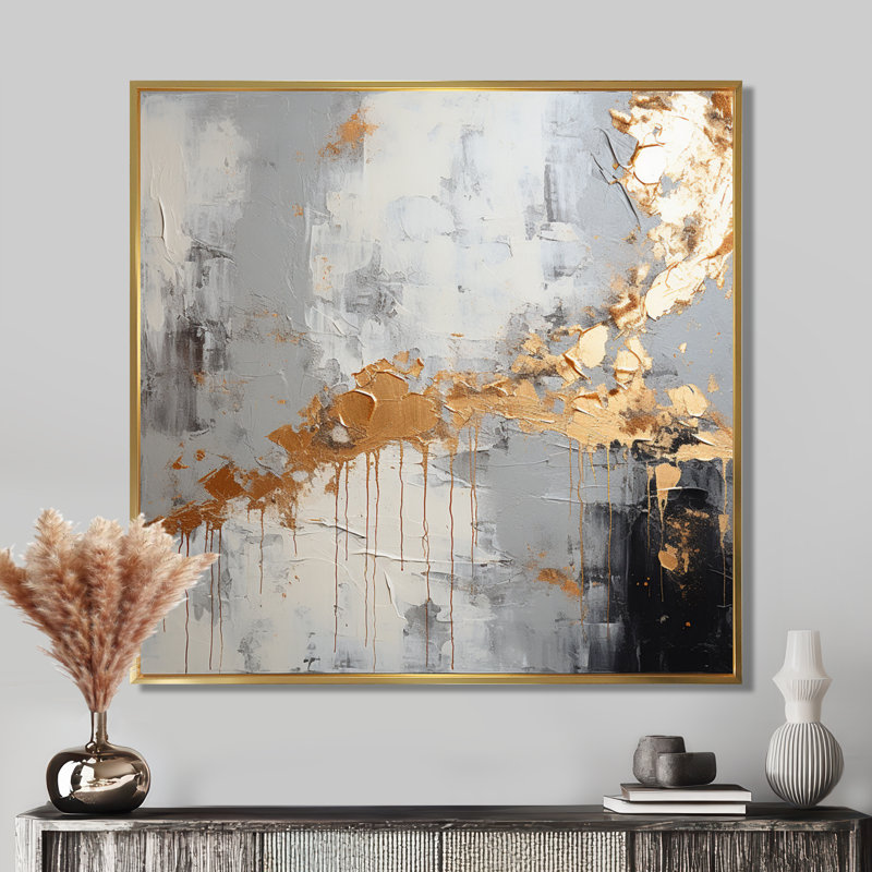 «Gilded Elegance» noir et gris - art mural abstrait, H 16 po x l 16 po, Cadre flottant doré