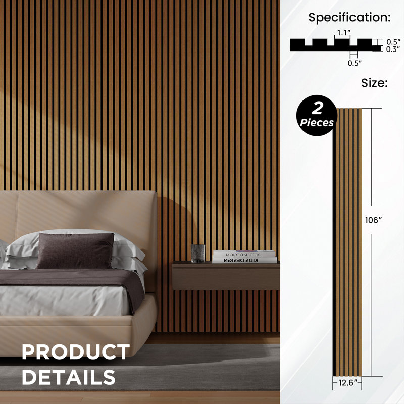 2 PCS 106"L x 12.6"W Acoustic Slat Wall Panels, Eco-Wood Look for Home/Office Wall & Ceiling (18.56 sq. ft.), Medium Oak